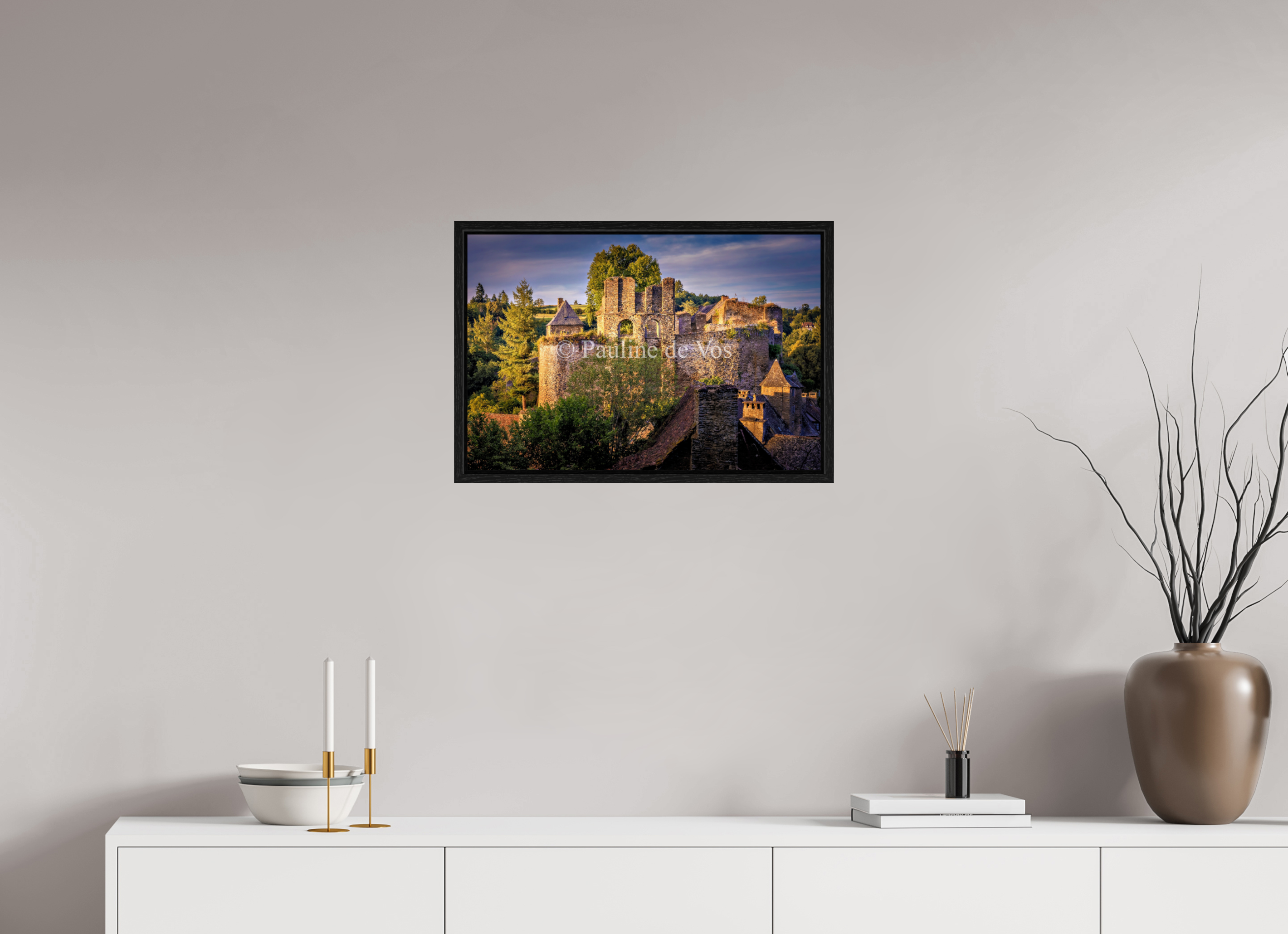 60 x 40 cm, Floater Frame Château de Segur au coucher du soleil