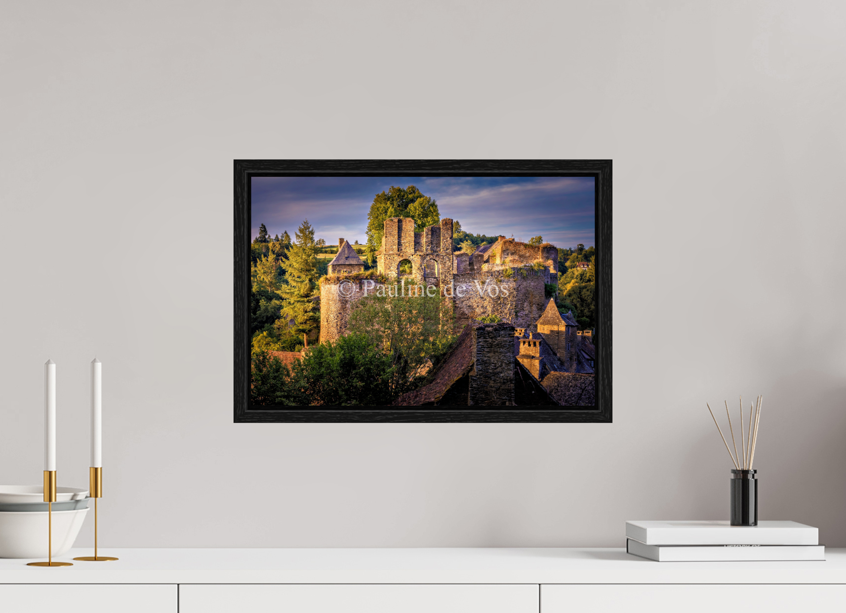 45 x 30 cm, Floater Frame Château de Segur au coucher du soleil