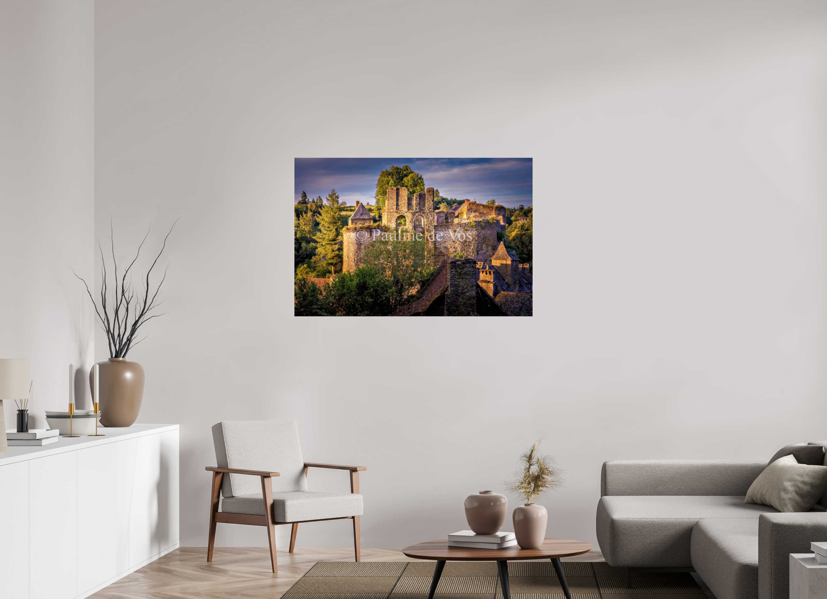 120 x 80 cm, Photo Print Under Acrylic Glass Château de Segur au coucher du soleil