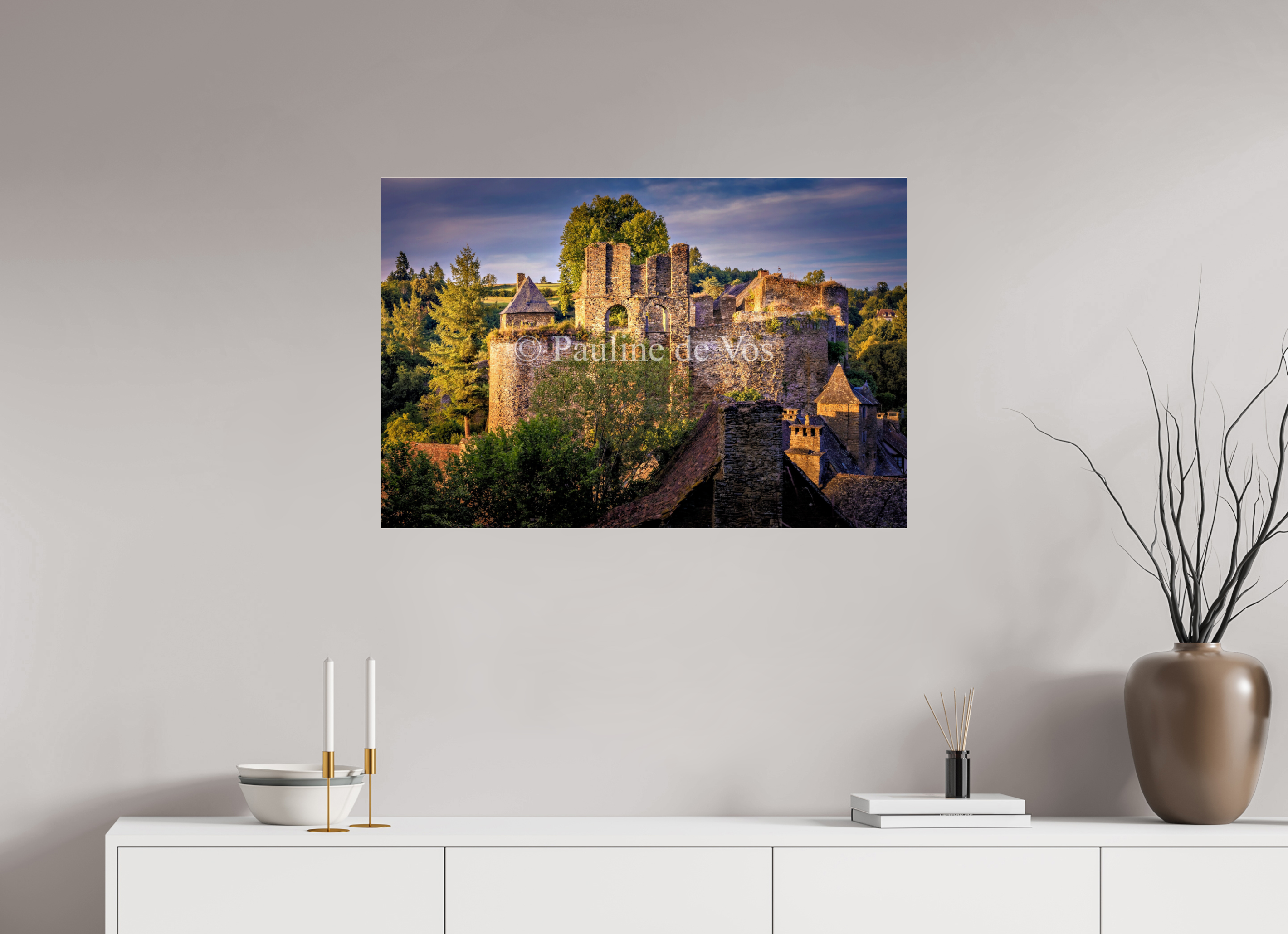 90 x 60 cm, Photo Print Under Acrylic Glass Château de Segur au coucher du soleil