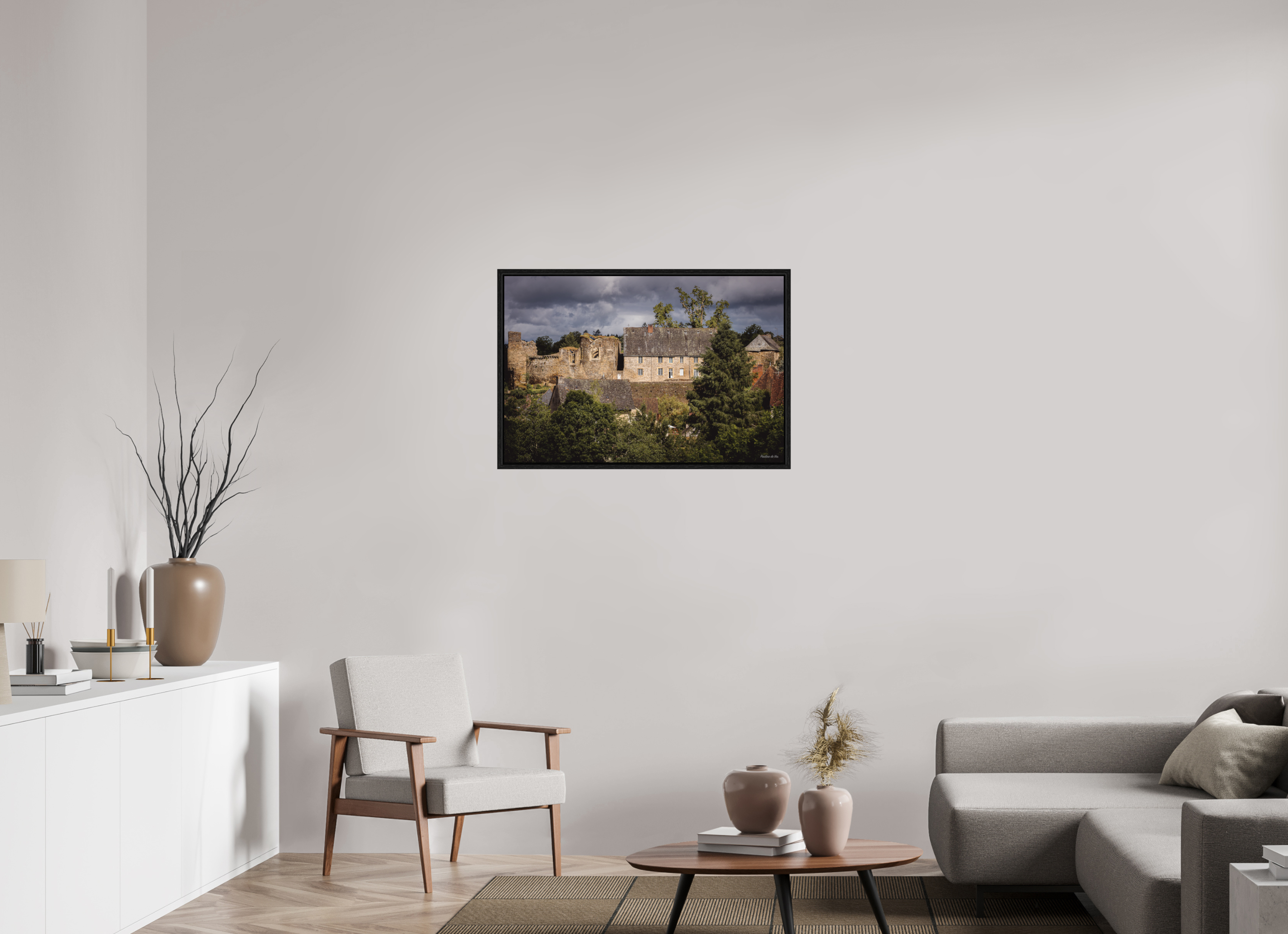 90 x 60 cm, Floater Frame Château de Ségur pendant l'orage